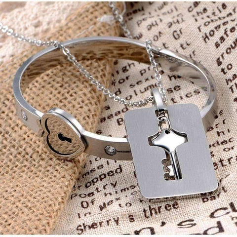 Image of Lock Key Bracelet And Pendant Jewelry Set
